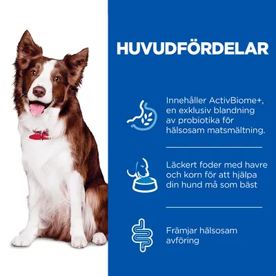 HUVUDFÖRDELAR: Innehåller ActivBiome+, en exklusiv blandning av probiotika för hälsosam matsmältning. Läckert foder med havre och korn. Främjar hälsosam avföring.