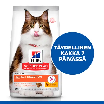 Hill's Science Plan Perfect Digestion Adult 1+ kissanruoka, pakkauksessa teksti: TÄYDELLINEN KAKKA 7 PÄIVÄSSÄ. Näkyvissä myös tuotteen englanninkielisiä tietoja.
