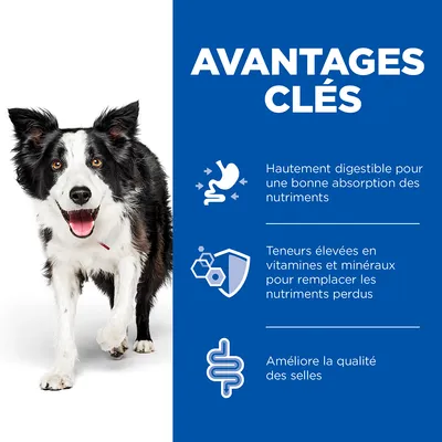 AVANTAGES CLÉS : Hautement digestible pour une bonne absorption des nutriments, teneurs élevées en vitamines et minéraux, améliore la qualité des selles.