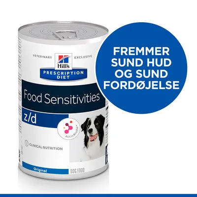 Hill's Prescription Diet Food Sensitivities z/d dåse, tekst: Fremmer sund hud og sund fordøjelse. Original Dog Food. ActivBiome+. Billede af hund på emballagen.