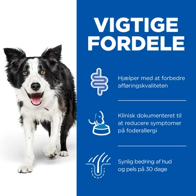 VIGTIGE FORDELE: Hjælper med at forbedre afføringskvaliteten, klinisk dokumenteret til at reducere symptomer på foderallergi, synlig bedring af hud og pels på 30 dage.