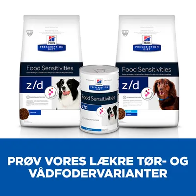 Hill's Prescription Diet Food Sensitivities z/d tør- og vådfoder til hunde. Tekst: PRØV VORES LÆKRE TØR- OG VÅDFODERVARIANTER.