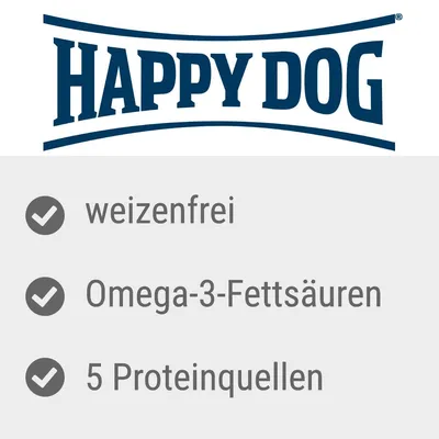 Happy Dog; weizenfrei, Omega-3-Fettsäuren, 5 Proteinquellen (besedilo v nemščini)