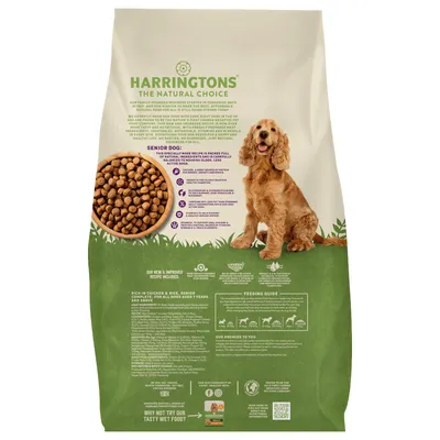 Bag showing feeding guide, ingredients, and nutritional information for senior dog food with visible kibble and a dog image. Key features and benefits are highlighted on the packaging.
