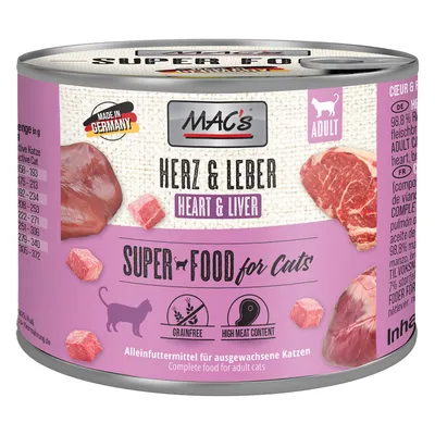 Conservă MAC's Herz & Leber Heart & Liver pentru pisici adulte, text vizibil: Super Food for Cats, Grainfree, High Meat Content, Made in Germany, imagini carne și ficat pe ambalaj.