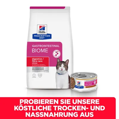Hill's Prescription Diet Gastrointestinal Biome Trocken- und Nassnahrung für Katzen. Unterstützt Verdauung und Stressmanagement. Probieren Sie unsere köstliche Nahrung aus.