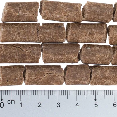 Close-up of brown, cylindrical food pieces with a centimetre scale for size reference.