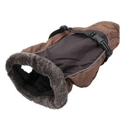Brown dog coat with black lining, faux fur collar and adjustable belt fastening.