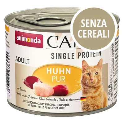 Scatoletta Animonda Cat Single Protein Adult Huhn Pur, senza cereali, pollo puro, con scritta 'SENZA CEREALI' e bandiera tedesca visibile sulla confezione.