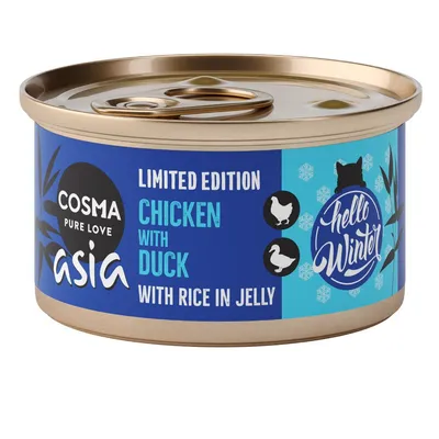 Cosma Pure Love Asia Limited Edition, Chicken with Duck with Rice in Jelly, testo inglese visibile sulla confezione, decorazioni invernali e sagome di pollo e anatra.