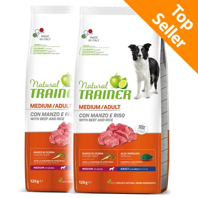 Natural Trainer Medium/Adult con manzo e riso, 2 sacchi da 12 kg. Testo visibile: senza coloranti, conservanti, zuccheri aggiunti. Made in Italy. Top Seller.