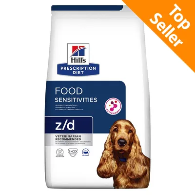 Hill's Prescription Diet Food Sensitivities z/d, raccomandato dai veterinari, con simbolo ActivBiome+, Top Seller in alto a destra sulla confezione.