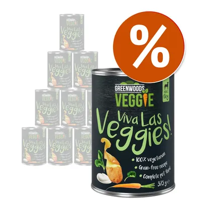 Greenwoods Veggie Viva Las Veggies! 100% vegetarian, grain-free recipe, complete pet food, 375 g. Immagine di più lattine con simbolo percentuale per offerta.
