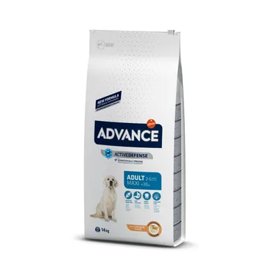Сухой корм для собак Advance Adult Maxi 2–6 лет, вес от 30 кг, с курицей и рисом, упаковка 14 кг. Видна собака, логотипы Active Defense и Affinity.
