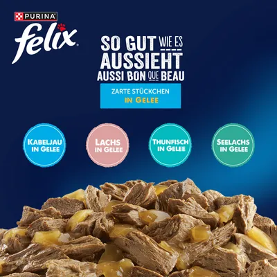 Jumbopack Felix "So gut wie es aussieht" Gelee 120 x 85 g - Fisch Mixpaket 1 (Thunfisch, Lachs, Kabeljau, Seelachs) Jumbopack Felix "So gut wie es aussieht" Gelee 120 x 85 g - Fisch Mixpaket 1 (Thunfisch, Lachs, Kabeljau, Seelachs)