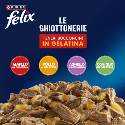 Felix Le Ghiottonerie in Gelatina 24 x 85 g - Varietà di carne (Pollo, Manzo, Coniglio, Agnello) Felix Le Ghiottonerie in Gelatina 24 x 85 g - Varietà di carne (Pollo, Manzo, Coniglio, Agnello)