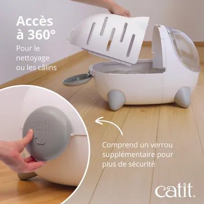 Bac à litière avec accès à 360° pour un nettoyage facile, fermeture de sécurité supplémentaire. Marque : catit.