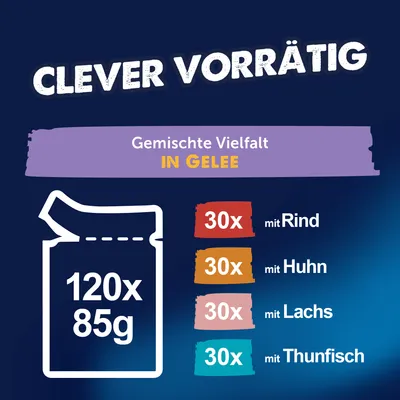 Jumbopack Felix "So gut wie es aussieht" Gelee 120 x 85 g - Senior (Rind, Lachs, Huhn, Thunfisch) Jumbopack Felix "So gut wie es aussieht" Gelee 120 x 85 g - Senior (Rind, Lachs, Huhn, Thunfisch)
