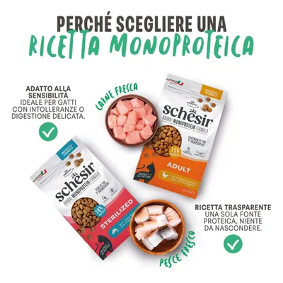 Schesir Animal Monoprotein Formula adult e sterilized, adatto per gatti sensibili. Carne fresca o pesce come unica fonte di proteine. Ricetta trasparente. Schesir Animal Monoprotein Formula adult e sterilized, adatto per gatti sensibili. Carne fresca o pesce come unica fonte di proteine. Ricetta trasparente.