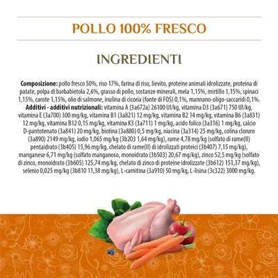 Testo visibile: POLLO 100% FRESCO. INGREDIENTI. Composizione: pollo fresco 50%, riso 17%, farina di riso, lievito, proteine animali idrolizzate, proteina di patate, polpa di barbabietola 2,6%.