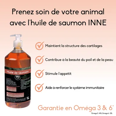 Huile de saumon INNE 1L, Oméga 3 & 6. Maintient la structure des cartilages, contribue à la beauté du poil et de la peau, stimule l'appétit, aide à renforcer le système immunitaire.