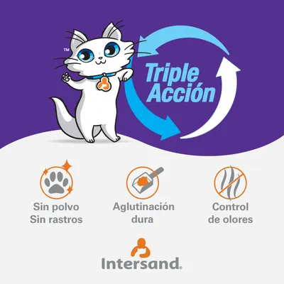 Intersand Triple Acción: sin polvo, sin rastros, aglutinación dura, control de olores. Texto y gráficos informativos con un gato ilustrado.