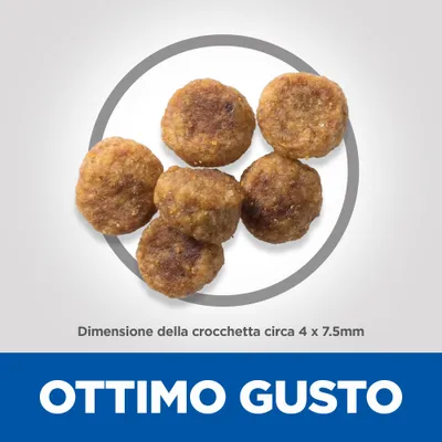 Crocchette rotonde, dimensione circa 4 x 7,5 mm. Testo visibile: OTTIMO GUSTO.