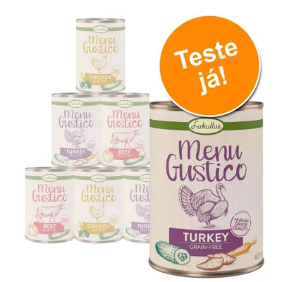 Latas de comida para cães Lukullus Menu Gustico, variedades visíveis: Turkey Grain-Free, Beef Grain-Free, Chicken Grain-Free. Selo laranja com texto: Teste já!