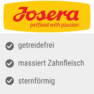 Josera petfood with passion. Kenmerken: graanvrij, masseert tandvlees, stervormig.