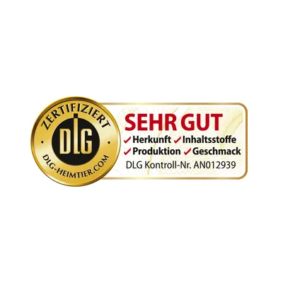 DLG-Zertifikat mit Bewertung 'Sehr gut' für Herkunft, Inhaltsstoffe, Produktion und Geschmack. DLG Kontroll-Nr. AN012939.