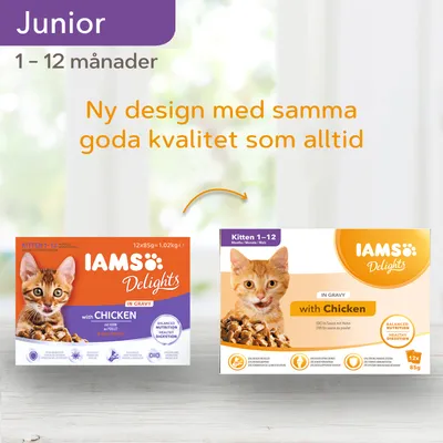IAMS Delights kattmat för junior, 1–12 månader, med kyckling. Bild visar gammal och ny förpackningsdesign samt text: Ny design med samma goda kvalitet som alltid.