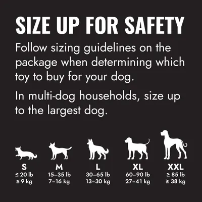 Tabela velikosti za pasje igrače: S do 9 kg, M 7–16 kg, L 13–30 kg, XL 27–41 kg, XXL od 38 kg. V gospodinjstvih z več psi izberite največjo velikost. Tabela velikosti za pasje igrače: S do 9 kg, M 7–16 kg, L 13–30 kg, XL 27–41 kg, XXL od 38 kg. V gospodinjstvih z več psi izberite največjo velikost.
