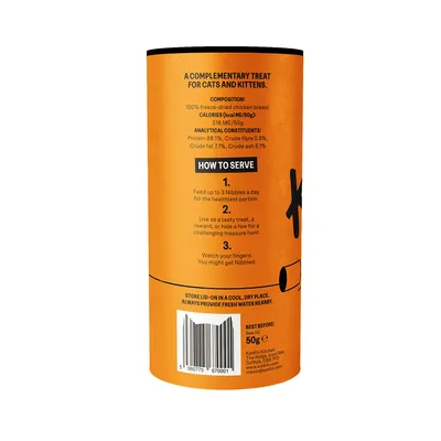 Instructions for serving: feed up to 3 nibbles daily, use as treat or reward, hide for treasure hunt. Composition: 100% freeze-dried chicken breast. Protein 88.1%, fat 7.1%.