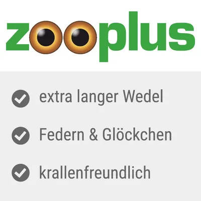 zooplus. Texte en allemand : extra langer Wedel, Federn & Glöckchen, krallenfreundlich.