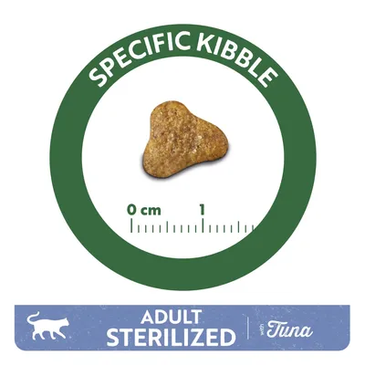 Single piece of kibble with size scale 0–1 cm, text: SPECIFIC KIBBLE. Banner below shows cat icon and text: ADULT STERILIZED with Tuna.