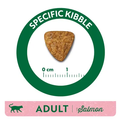 Triangle-shaped kibble with size scale 0–1 cm, text: SPECIFIC KIBBLE. Pink banner shows cat icon, ADULT with Salmon.