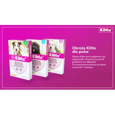 Obroża Kiltix dla psów, opakowania w trzech rozmiarach: 38 cm, 53 cm, 70 cm. Widoczny tekst: zabija pchły i kleszcze po 24 godzinach, ochrona do 7 miesięcy.