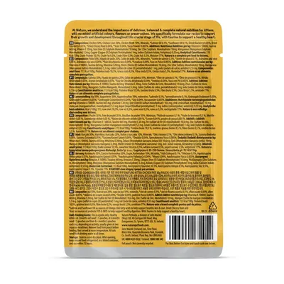 Back of product pouch showing ingredients list, nutritional information, feeding guide and barcode in multiple languages.