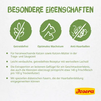 Texte en allemand : Besondere Eigenschaften, Getreidefrei, Optimales Wachstum, Anti-Haarballen. Marque Josera visible. Liste de caractéristiques pour nourriture pour chats.
