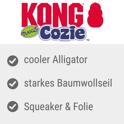 KONG Cozie Tuggz. Eigenschaften: cooler Alligator, starkes Baumwollseil, Squeaker & Folie.