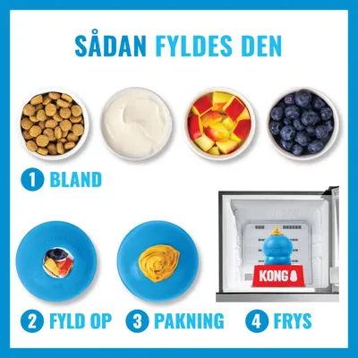 Vejledning i fire trin: Bland ingredienserne, fyld legetøjet, luk det og læg det i fryseren. Velegnet til KONG-legetøj, ingredienser som tørfoder, yoghurt, frugt. Vejledning i fire trin: Bland ingredienserne, fyld legetøjet, luk det og læg det i fryseren. Velegnet til KONG-legetøj, ingredienser som tørfoder, yoghurt, frugt.