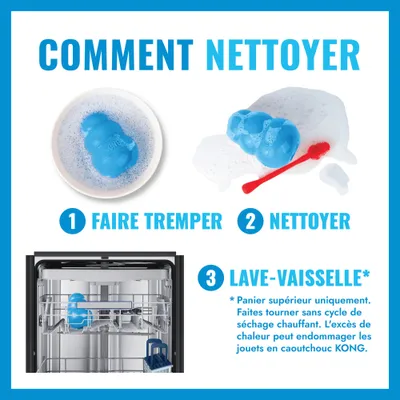Instructions de nettoyage : 1. Faire tremper, 2. Nettoyer avec une brosse, 3. Compatible lave-vaisselle dans le panier supérieur, sans cycle de séchage. Une chaleur excessive peut endommager les jouets en caoutchouc KONG. Instructions de nettoyage : 1. Faire tremper, 2. Nettoyer avec une brosse, 3. Compatible lave-vaisselle dans le panier supérieur, sans cycle de séchage. Une chaleur excessive peut endommager les jouets en caoutchouc KONG.