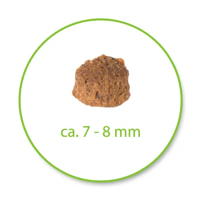 Single piece of pet food kibble with text 'ca. 7–8 mm' indicating approximate size