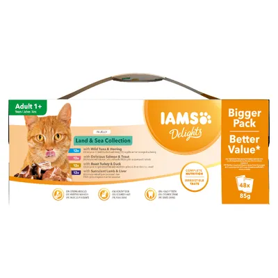 IAMS Delights Land & Sea Collection in jelly, adult 1+, 48 x 85g. Includes wild tuna and herring, salmon and trout, roast turkey and duck, lamb and liver. Bigger pack, better value.