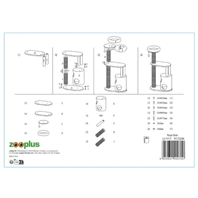 Monteringsanvisning för klösträd Royal Silver med delar, skruvar och steg-för-steg-bilder. Zooplus-logotyp och streckkod synliga längst ner.