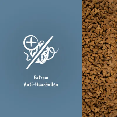 Texte en allemand : Extrem Anti-Haarballen, à côté de croquettes en gros plan. Mention anti-boules de poils visible sur l’image.