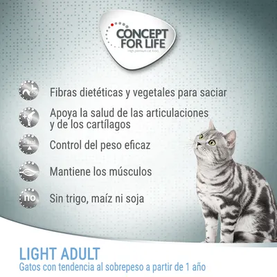 Concept for Life Light Adult. Fibras dietéticas y vegetales, salud de articulaciones y cartílagos, control del peso, mantiene músculos, sin trigo, maíz ni soja. Para gatos desde 1 año.