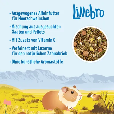 Lillebro. Ausgewogenes Alleinfutter für Meerschweinchen, Mischung aus ausgesuchten Saaten und Pellets, mit Zusatz von Vitamin C, verfeinert mit Luzerne, ohne künstliche Aromastoffe. Texte en allemand.