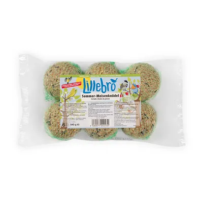 Balenie 6 ks Lillebro Sommer-Meisenknödel, tukové guľky pre vtáky v sieťke, hmotnosť 540 g. Viditeľný obal s ilustráciami vtákov a informáciami o produkte.