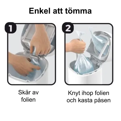 Två steg för att tömma behållare: 1. Skär av folien, 2. Knyt ihop folien och kasta påsen. Rubrik: Enkel att tömma.